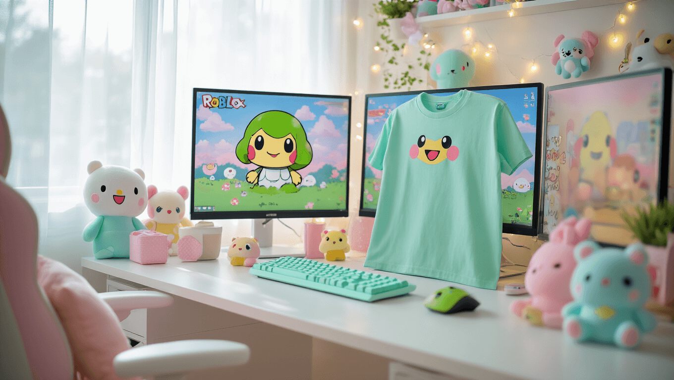 A pastel gaming room with dual monitors showing Roblox avatars, a mint green Keroppi t-shirt, Sanrio plushies, and fairy lights, all captured in dreamy soft focus.
