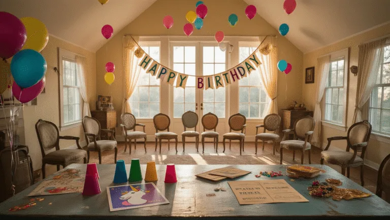 A sun-filled living room transformed for a child's birthday party, featuring scattered balloons, a "Happy Birthday" banner, and various party games on a rustic table, with soft natural light and nostalgic decorations.