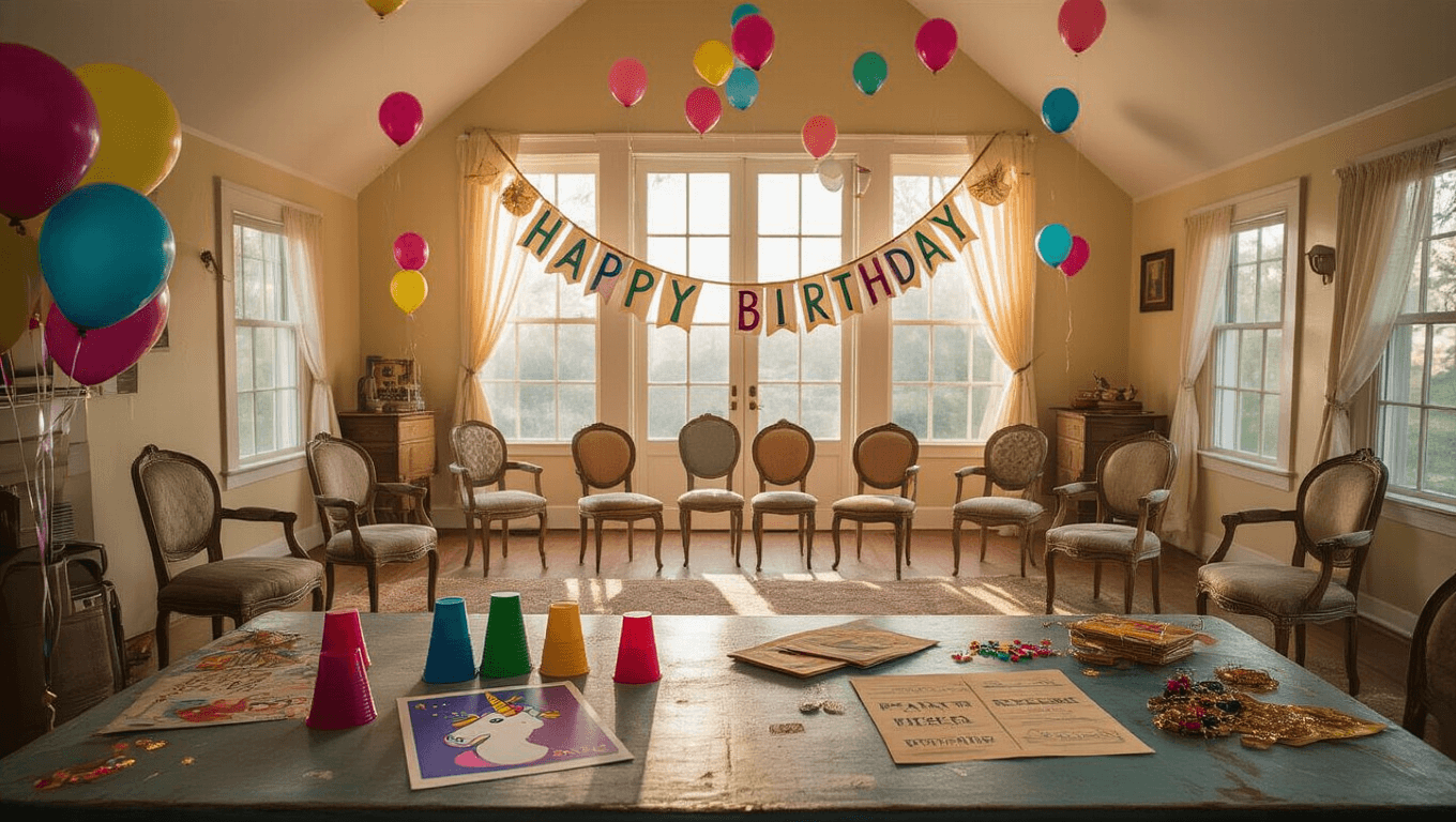 A sun-filled living room transformed for a child's birthday party, featuring scattered balloons, a "Happy Birthday" banner, and various party games on a rustic table, with soft natural light and nostalgic decorations.