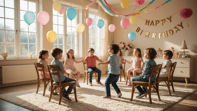 Cinematic wide-angle shot of a sunlit living room filled with children aged 6-8 playing musical chairs, surrounded by pastel balloons, fairy lights, and a festive dessert table.