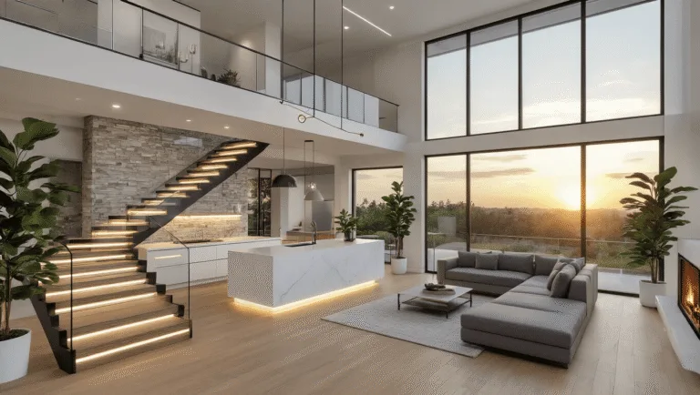 Bloxburg 2-Story House Layout Ideas: Your Ultimate Guide to Crafting the Perfect Virtual Home Photorealistic interior of a luxurious two-story Bloxburg home at sunset, featuring an open-concept living space with 20-foot ceilings, a glass staircase, modern quartz kitchen island, sectional sofa, stone accent wall with a fireplace, honey oak floors, minimalist chandelier, and potted plants, all illuminated by golden hour lighting.