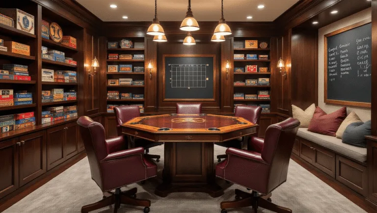 A luxurious game room featuring an octagonal mahogany gaming table with plush burgundy leather chairs, ambient lighting, built-in walnut shelving with board games, and a cozy reading nook, beautifully illuminated by golden hour light.