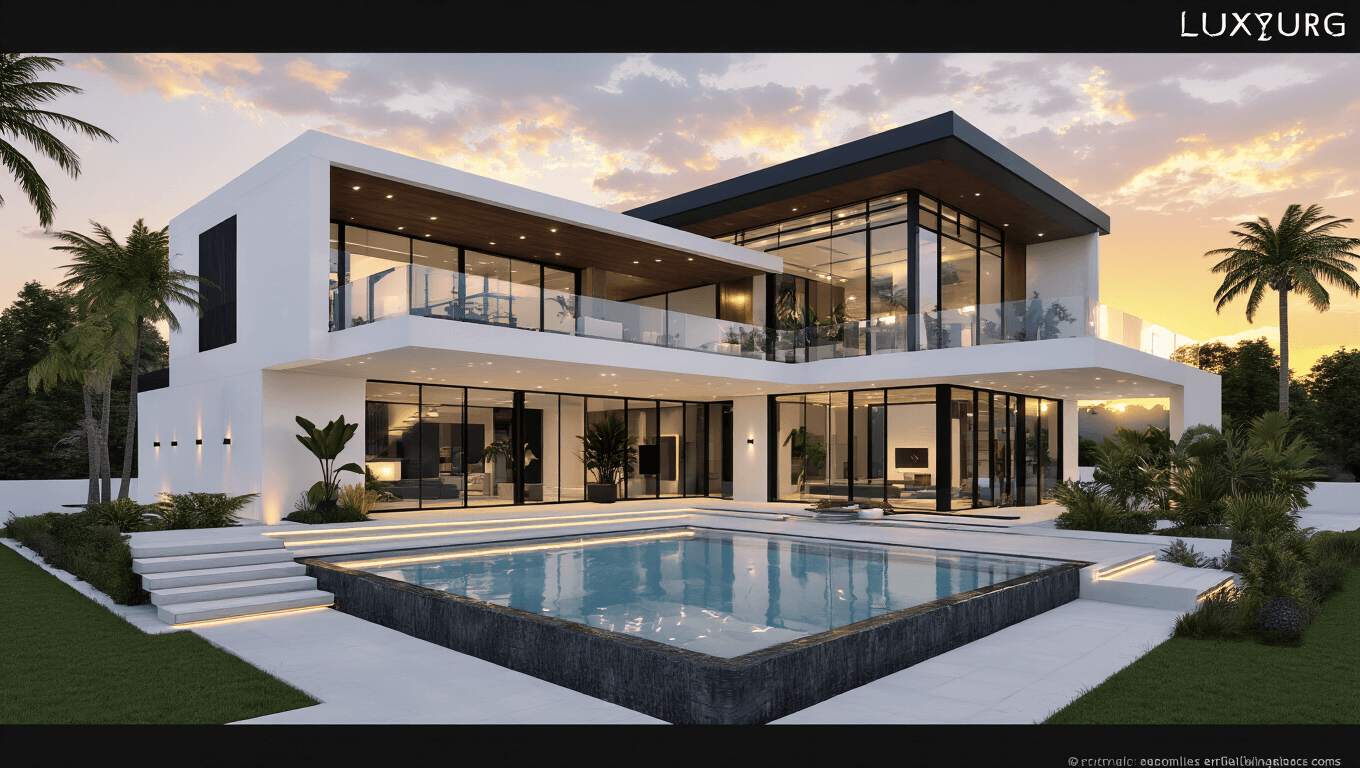 A photorealistic rendering of an ultra-modern Bloxburg mansion at golden hour, featuring floor-to-ceiling windows, an infinity pool, and a floating concrete staircase, surrounded by lush landscaping and dramatic lighting in 8K resolution.