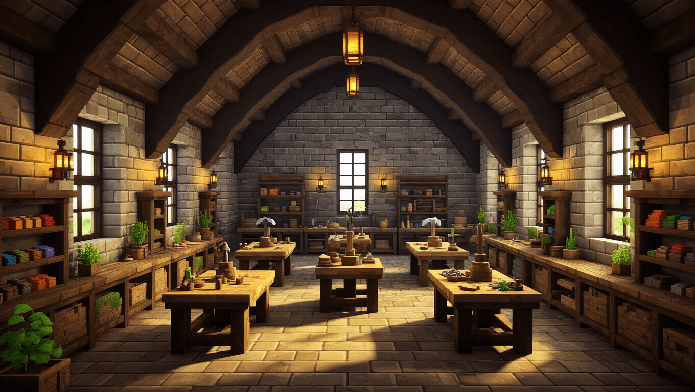 A photorealistic interior of a medieval Minecraft crafting workshop, featuring dark oak beams, weathered stone walls with moss, warm lantern lighting, multiple U-shaped crafting tables, an island cluttered with projects, and decorative item frames on the walls, illuminated by gentle daylight and volumetric lighting.