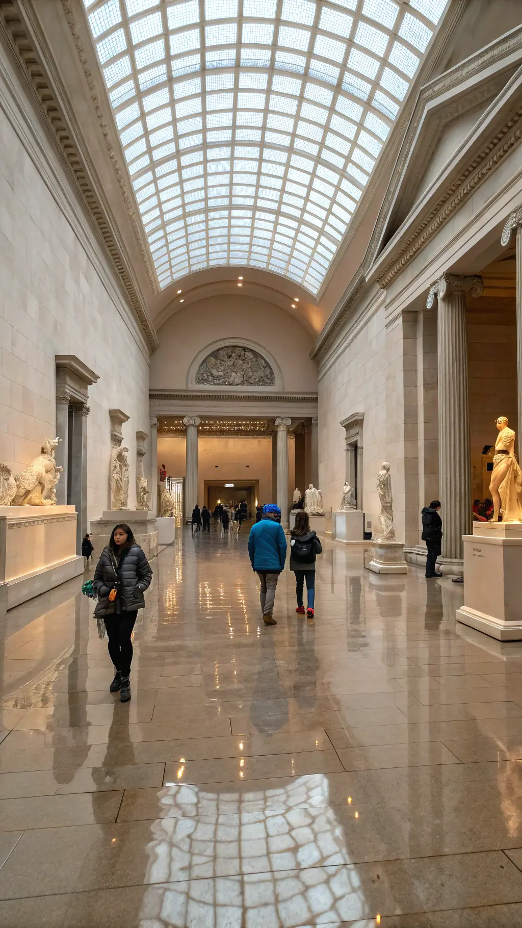 Visitors exploring the grand entrance hall of the Metropolitan Museum of Art on a rainy day with diffused light illuminating marble floors and sculptures