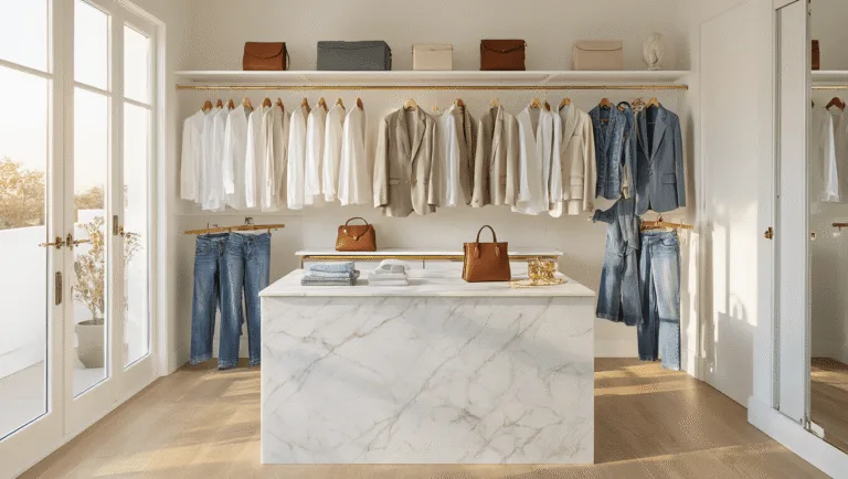 Bright and airy walk-in closet with organized clothing racks of neutral-toned blazers and white silk shirts, featuring a marble-topped island showcasing curated accessories against clean white walls and polished hardwood floors.