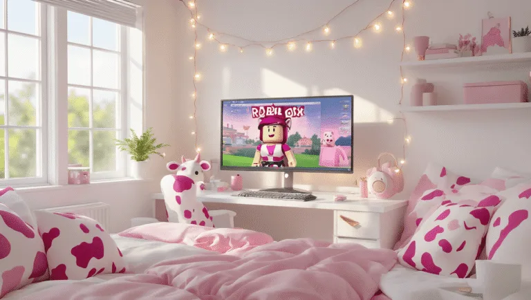 A bright, minimalist white bedroom featuring a gaming setup with a monitor showing Roblox character customization, adorned with pink and white cow-print accessories, fairy lights, and rose gold accents. Soft sunlight enhances the dreamy, pastel aesthetic.