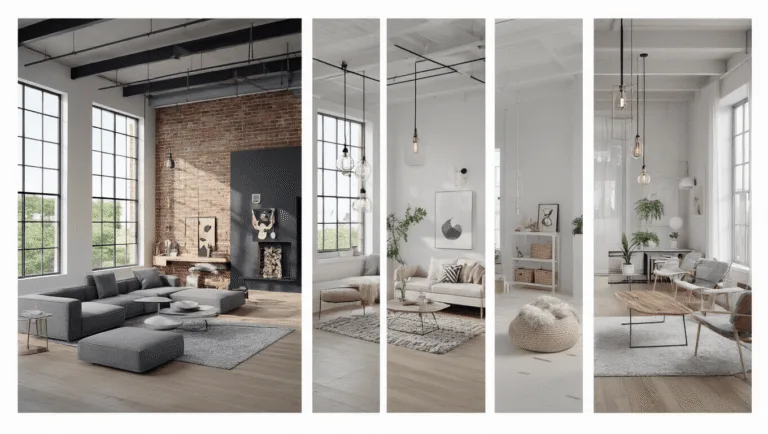 Modern Bloxburg House Ideas: Elevate Your Virtual Home Design Cinematic architectural visualization of six modern interior vignettes including a minimalist living room, industrial loft bedroom, Scandinavian space, futuristic bedroom, eco-friendly home office, and luxury kitchen, all captured in ultra-detailed 8K resolution.