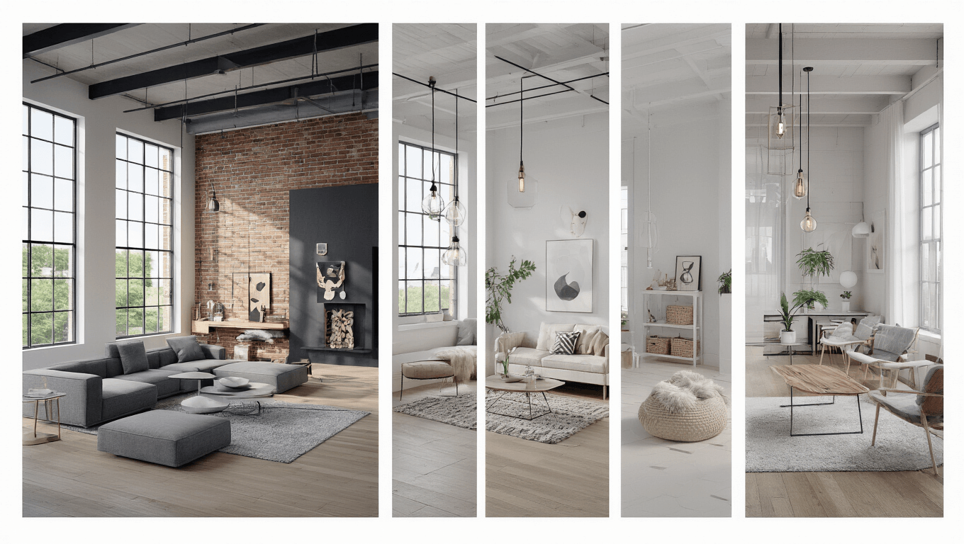 Cinematic architectural visualization of six modern interior vignettes including a minimalist living room, industrial loft bedroom, Scandinavian space, futuristic bedroom, eco-friendly home office, and luxury kitchen, all captured in ultra-detailed 8K resolution.