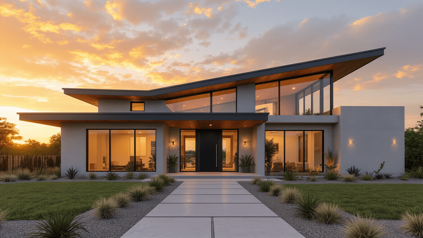 Ultrawide architectural photograph of a modern Bloxburg house at sunset, featuring a dramatic butterfly roof, floor-to-ceiling windows reflecting an orange sky, and a sleek black front door surrounded by minimalist landscaping.