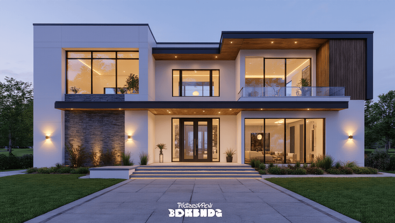 Photorealistic exterior of a modern luxury 2-story Bloxburg mansion at twilight, showcasing clean lines, floor-to-ceiling windows, and dramatic uplighting, with a grand entrance, landscaped grounds, and a vibrant sunset sky.