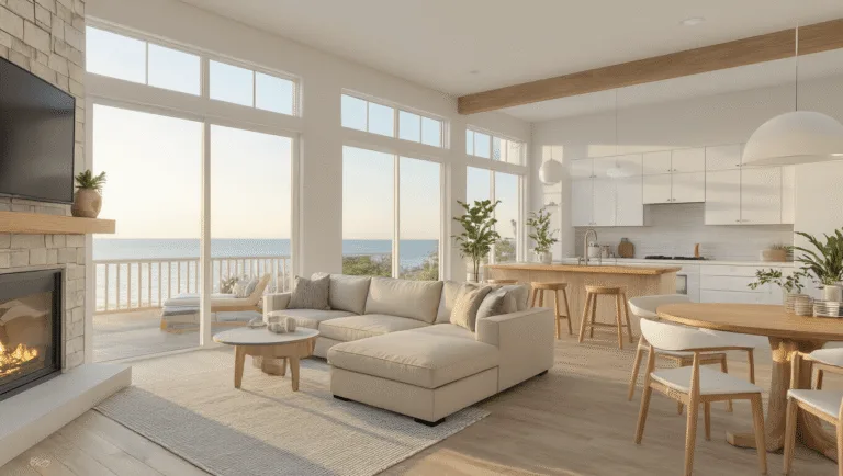 Photorealistic architectural photography of a bright, open-concept modern coastal living space featuring a beige L-shaped sectional, a stone fireplace, and a round wooden dining table, illuminated by golden hour light streaming through large windows.