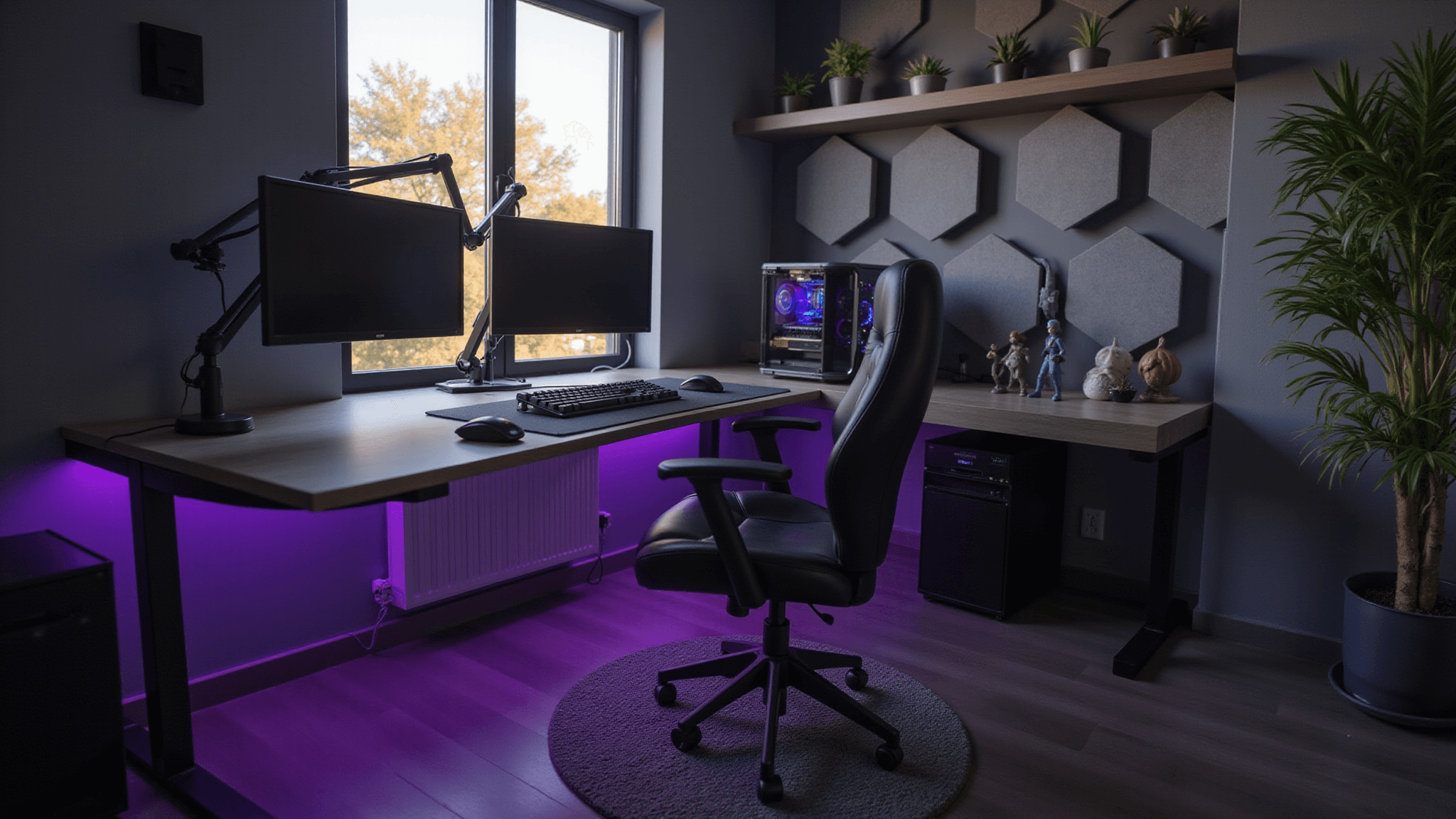 A modern gaming setup featuring a minimalist L-shaped desk with dual 27-inch monitors, a custom water-cooled PC, ergonomic gaming chair, and ambient purple LED lighting, enhanced by natural sunlight and decorated with gaming collectibles and plants.