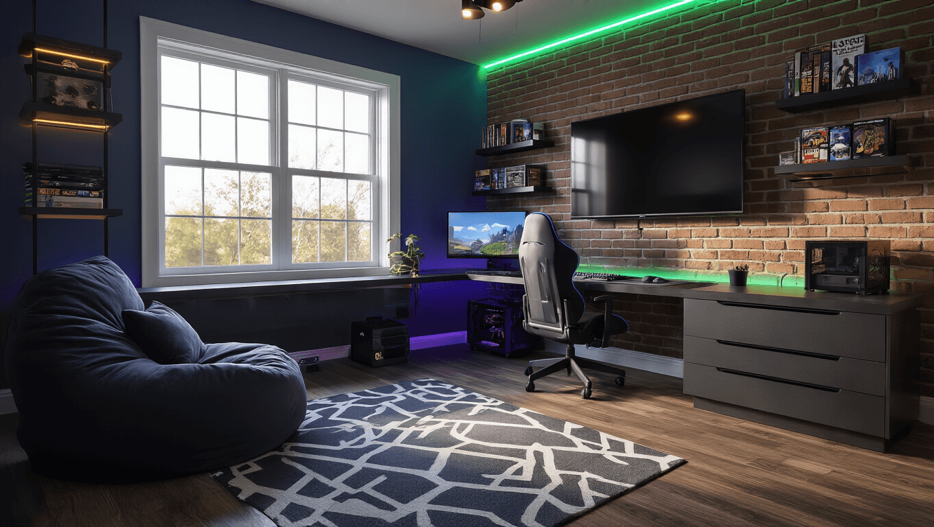 Photorealistic image of a cozy 10x12ft gaming room featuring an exposed brick wall, a 55" TV, dual monitors on a sleek floating desk, RGB ambient lighting, a modern gaming chair, and a charcoal bean bag, all bathed in warm late afternoon sunlight.