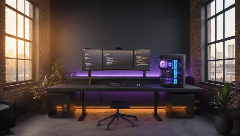 Photorealistic ultra-wide shot of a minimalist gaming setup in a spacious room with exposed brick walls, featuring a floating matte black L-shaped desk, a custom water-cooled PC with RGB lighting, three curved monitors, and a high-end ergonomic gaming chair, illuminated by warm golden hour sunlight and soft ambient LED lighting.