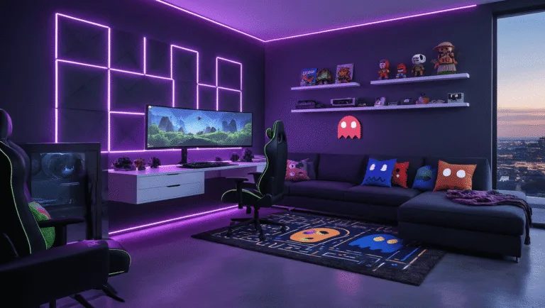 A high-end gaming room with a curved ultrawide monitor setup, RGB LED lighting, and modern decor, featuring a sleek gaming chair, floating desk, and collectible displays, set against a cityscape backdrop at dusk.