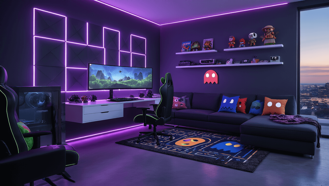 A high-end gaming room with a curved ultrawide monitor setup, RGB LED lighting, and modern decor, featuring a sleek gaming chair, floating desk, and collectible displays, set against a cityscape backdrop at dusk.
