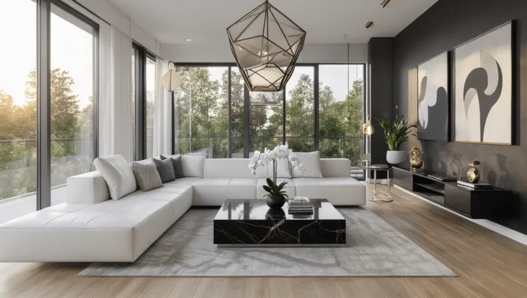Photorealistic wide shot of a modern Bloxburg living room with floor-to-ceiling windows, featuring a white leather L-shaped sectional sofa, black marble coffee table with orchid centerpiece, and pale oak hardwood flooring, all illuminated by golden hour light.