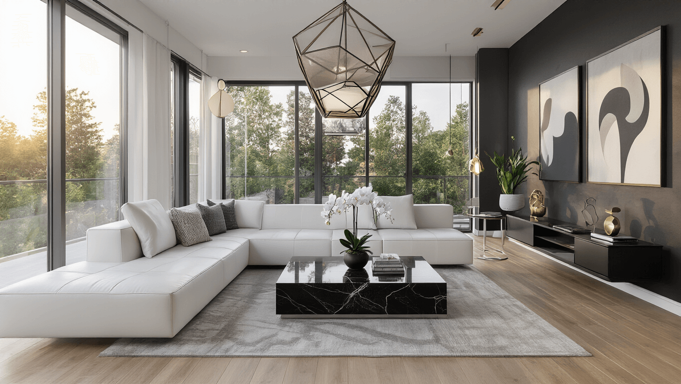 Photorealistic wide shot of a modern Bloxburg living room with floor-to-ceiling windows, featuring a white leather L-shaped sectional sofa, black marble coffee table with orchid centerpiece, and pale oak hardwood flooring, all illuminated by golden hour light.