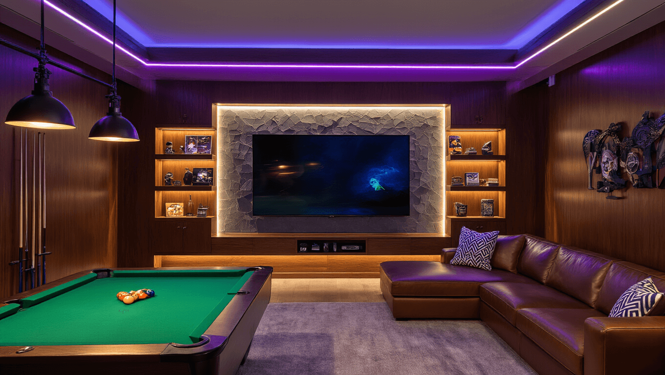 A luxurious modern game room at golden hour, featuring rich mahogany walls, LED strip lighting, an 85-inch curved OLED TV, plush L-shaped leather sectional, professional pool table, custom wet bar, vintage arcade cabinets, and ergonomic gaming stations with city views.