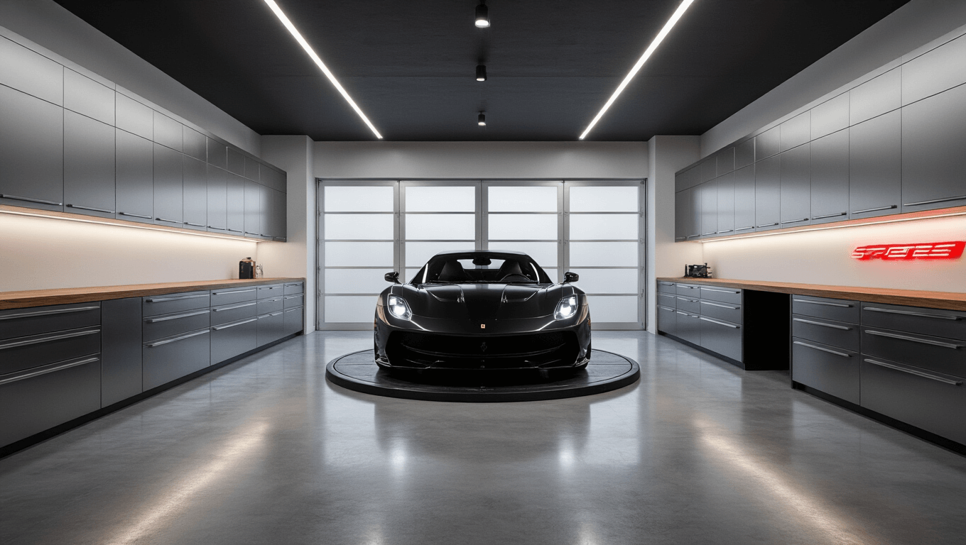 A photorealistic ultra-wide angle shot of a modern luxury garage interior featuring a polished concrete floor, a matte black sports car on a rotating platform, custom storage cabinets, and dramatic lighting effects.