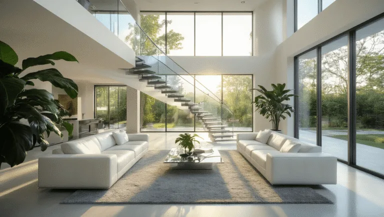 A hyperrealistic photograph of a modern minimalist living room featuring floor-to-ceiling windows that allow natural sunlight to illuminate sleek white leather sofas, a floating glass staircase with chrome railings, and a plush gray area rug, complemented by a large philodendron plant and polished concrete floors, captured in golden hour lighting with cinematic composition.