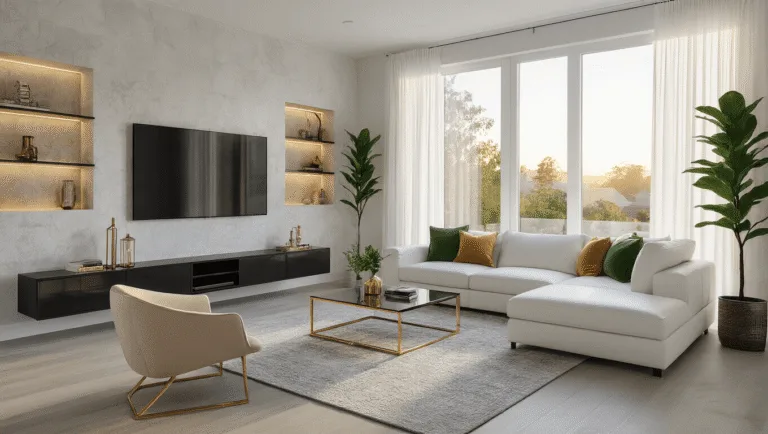 A luxurious modern living room featuring a white L-shaped leather sectional with sage green and gold accent pillows, large floor-to-ceiling windows with sheer curtains, a sleek black TV unit on a textured white wall, and curated decor on built-in shelves, all illuminated by golden hour light.