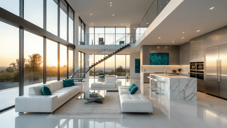 A photorealistic wide shot of a modern luxury mansion interior featuring floor-to-ceiling windows, minimalist white leather furniture, a floating glass staircase, and a sleek kitchen with a white marble island, all bathed in soft golden hour light.