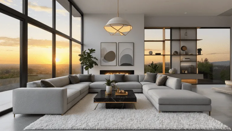 Hyperrealistic 3D render of a modern minimalist living room featuring floor-to-ceiling windows with a panoramic sunset view, an L-shaped light gray sectional sofa, a sleek black marble coffee table, and designer pendant lighting, with warm ambient glow and ultra-detailed textures.