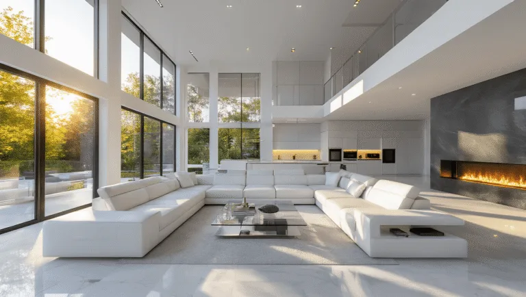 Photorealistic interior render of a luxurious modern mansion living space featuring a minimalist design with a white leather sectional sofa, glass coffee table, and electric fireplace, illuminated by golden afternoon sunlight through floor-to-ceiling windows, and a waterfall quartz kitchen island in the background.
