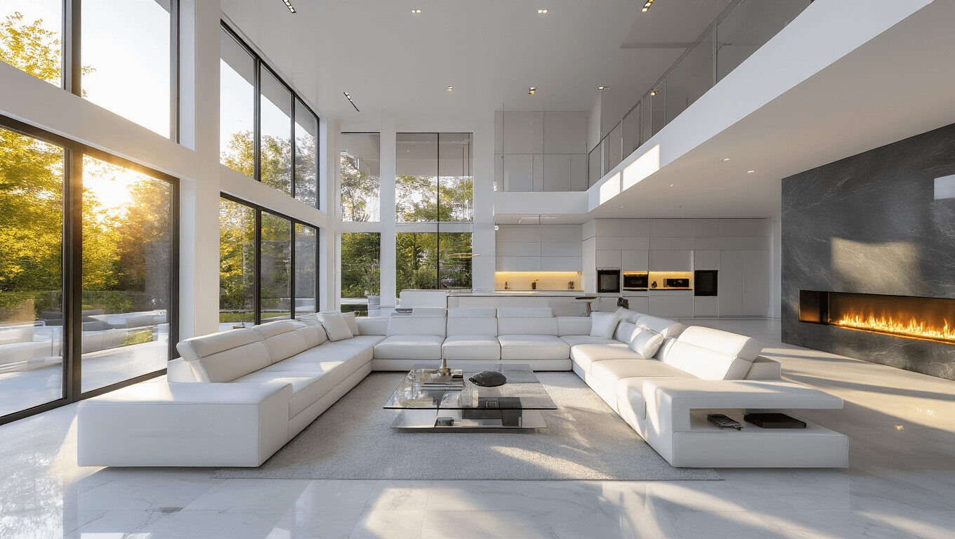 Photorealistic interior render of a luxurious modern mansion living space featuring a minimalist design with a white leather sectional sofa, glass coffee table, and electric fireplace, illuminated by golden afternoon sunlight through floor-to-ceiling windows, and a waterfall quartz kitchen island in the background.
