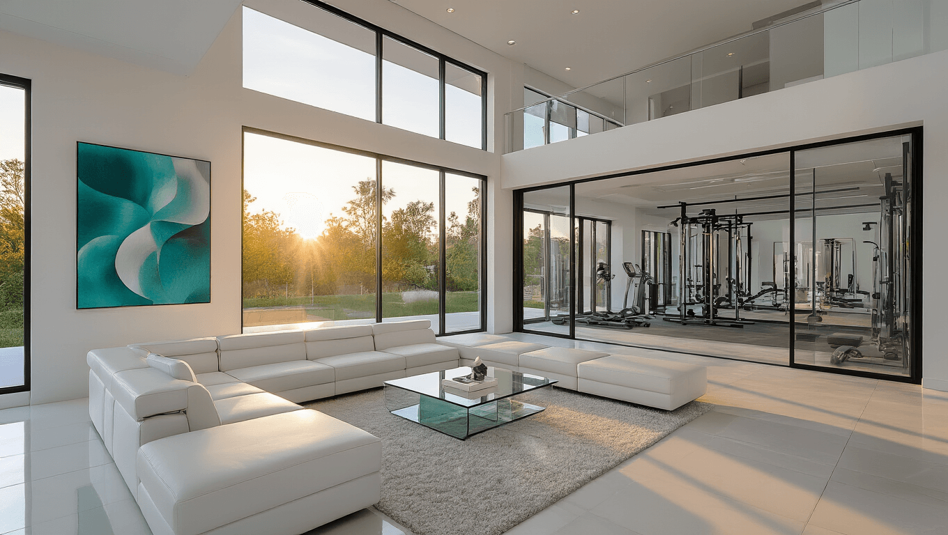 A luxurious modern mansion interior featuring a spacious living area with a sleek white leather sofa, glass coffee table, and abstract art, illuminated by golden hour sunlight through floor-to-ceiling windows.
