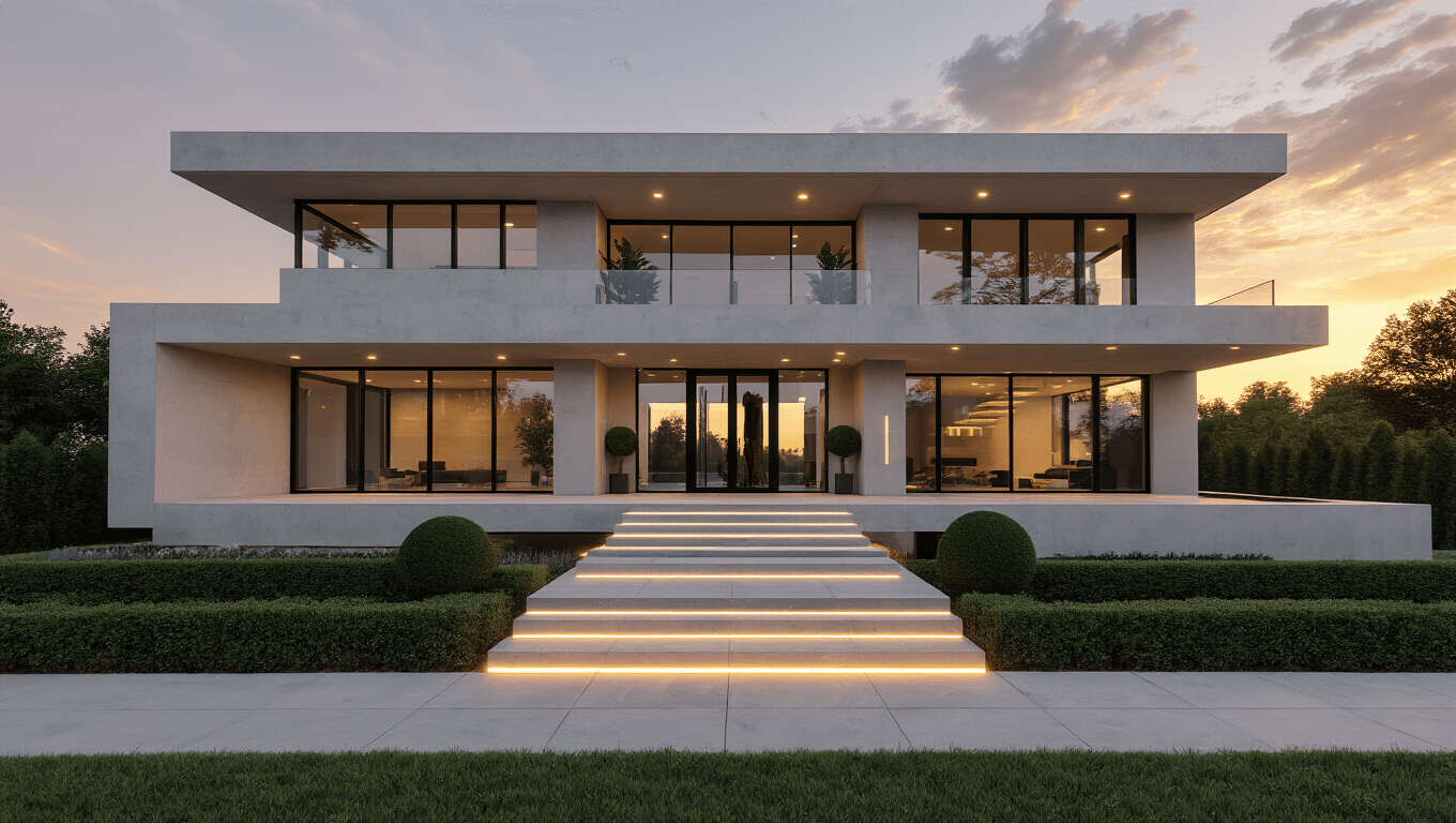 Photorealistic exterior view of a modern luxury mansion at sunset, highlighting clean lines, floor-to-ceiling windows, and a minimalist entrance, with dramatic warm lighting and landscaped topiary.