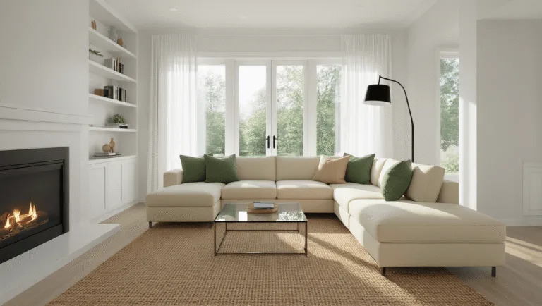 A photorealistic modern minimalist living room featuring a cream L-shaped sofa, sage green and beige pillows, floor-to-ceiling windows with sheer curtains, a glass coffee table on a jute rug, built-in bookshelves, a sleek fireplace, and gold accents, all bathed in warm natural light.