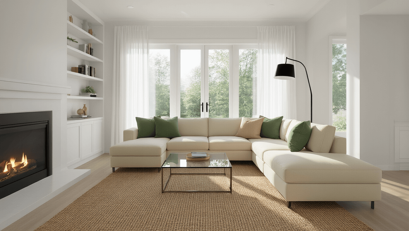 A photorealistic modern minimalist living room featuring a cream L-shaped sofa, sage green and beige pillows, floor-to-ceiling windows with sheer curtains, a glass coffee table on a jute rug, built-in bookshelves, a sleek fireplace, and gold accents, all bathed in warm natural light.