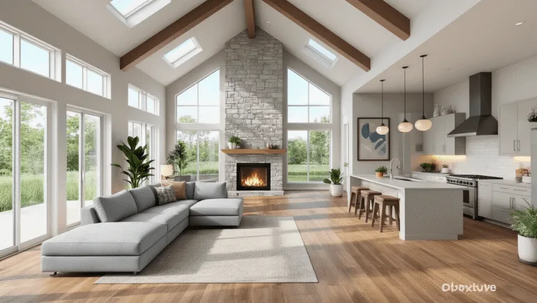 Photorealistic 3D render of a spacious modern Bloxburg-inspired open-concept home interior, showcasing vaulted ceilings, floor-to-ceiling windows, a light gray L-shaped sectional, a stone fireplace, and a gourmet kitchen with a large island, all bathed in natural afternoon light with a soft blue and cream color palette.