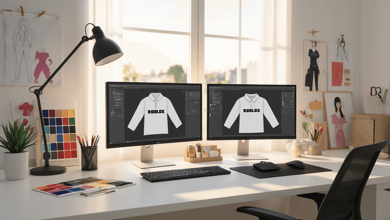 Bright, modern workspace featuring dual monitors with Roblox shirt templates, a graphics tablet, and color swatches on a clean white desk, enhanced by warm natural lighting and a minimalist aesthetic.