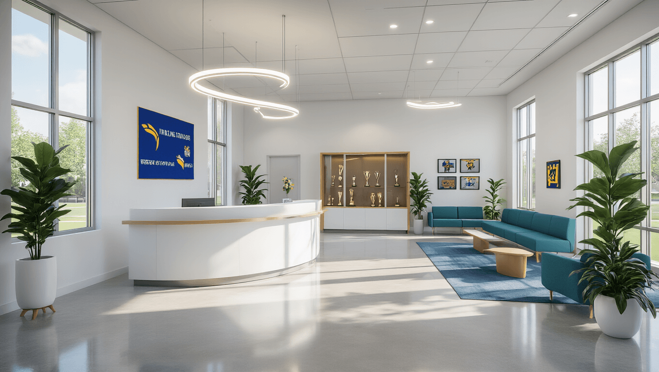 Photorealistic architectural visualization of a modern high school main office reception area featuring sleek white walls, polished concrete floors, a curved reception desk, mid-century modern seating, school spirit banners, trophy case, and student artwork, with natural lighting and dynamic interactions among staff and students.