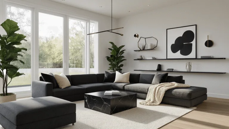 Photorealistic image of a modern living room with floor-to-ceiling windows, featuring a charcoal gray low-profile sectional sofa, black marble hexagonal coffee table, geometric floating shelves, and light oak hardwood flooring, accented by a fiddle leaf fig plant and textured area rug, all illuminated by warm afternoon sunlight.