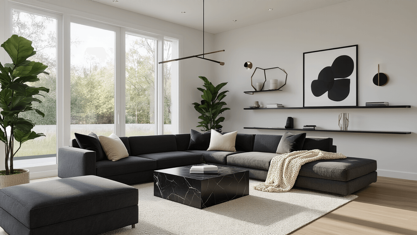 Photorealistic image of a modern living room with floor-to-ceiling windows, featuring a charcoal gray low-profile sectional sofa, black marble hexagonal coffee table, geometric floating shelves, and light oak hardwood flooring, accented by a fiddle leaf fig plant and textured area rug, all illuminated by warm afternoon sunlight.