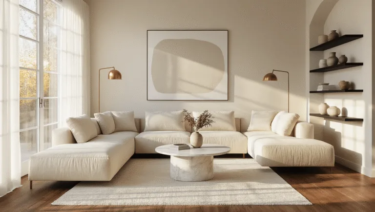 A spacious minimalist living room during golden hour, featuring a cream L-shaped sectional sofa, walnut hardwood floors, and floor-to-ceiling windows with sheer curtains, illuminated by natural sunlight, with a round marble coffee table on a textured white rug and curated ceramics on black floating shelves. An oversized abstract artwork hangs above the sofa.