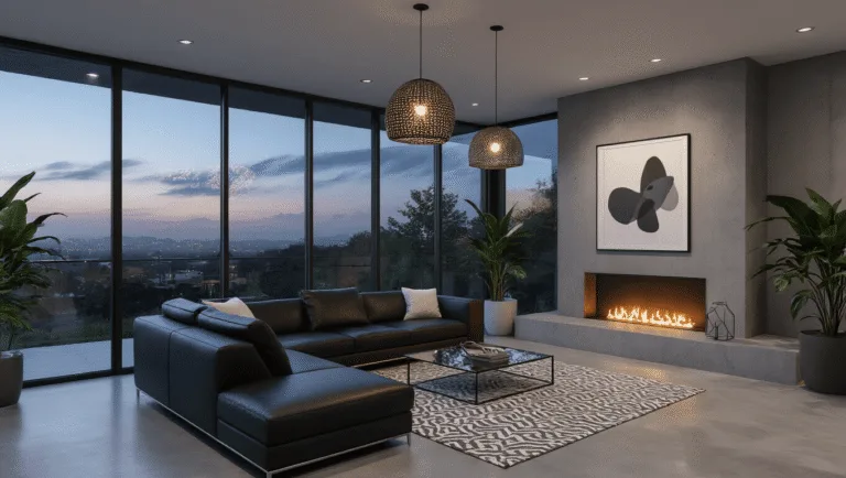 A photorealistic 3D render of a modern luxury living room featuring floor-to-ceiling windows displaying a twilight sky, a dramatic black leather sectional sofa, a concrete fireplace surround, and polished concrete floors. The space is illuminated by recessed lighting and a geometric pendant light, showcasing a glass coffee table, minimalist abstract art, and a gray and white patterned rug. Large potted plants and clean lines enhance the high-end finishes, all bathed in ambient lighting with dramatic shadows and ultra-detailed textures.