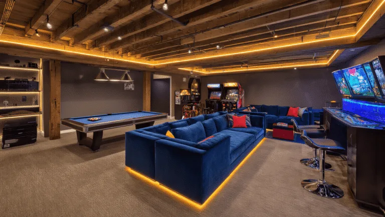 A luxurious basement game room featuring a professional pool table, plush velvet sofas, vintage arcade cabinets, a dark wood bar, and a high-end gaming setup, all illuminated by warm LED and pendant lighting, set against polished concrete floors and shag rugs.