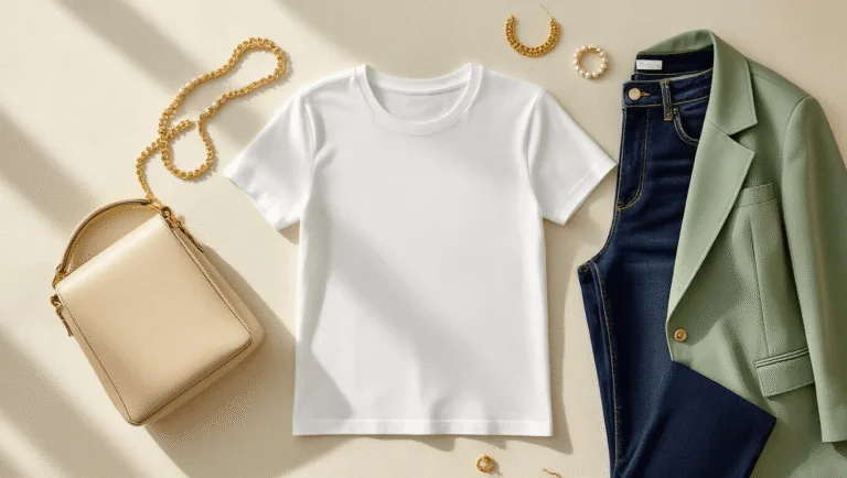Flatlay of a white t-shirt, dark wash high-rise jeans, and gold jewelry on a cream textured background, complemented by a beige leather bag, pearl earrings, and a sage green blazer, all illuminated by natural sunlight.