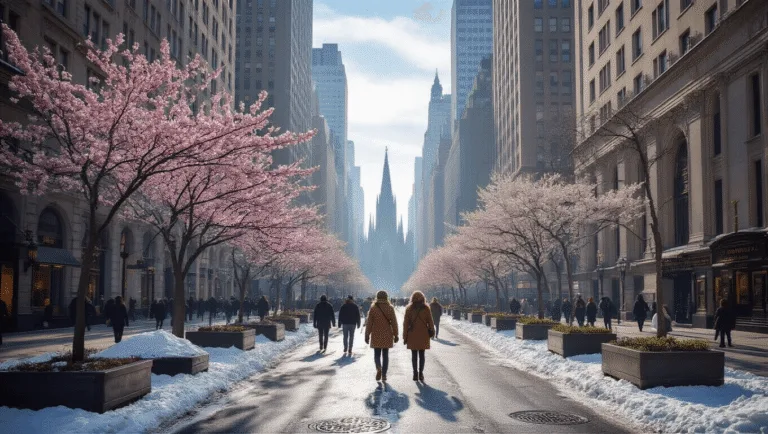"Early spring morning on 5th Avenue, New York City with melting snow, budding cherry blossoms, stylish pedestrians, and St. Patrick's Cathedral in the background"