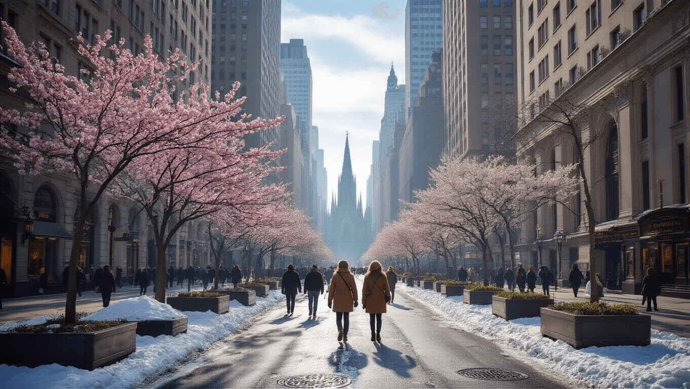 "Early spring morning on 5th Avenue, New York City with melting snow, budding cherry blossoms, stylish pedestrians, and St. Patrick's Cathedral in the background"