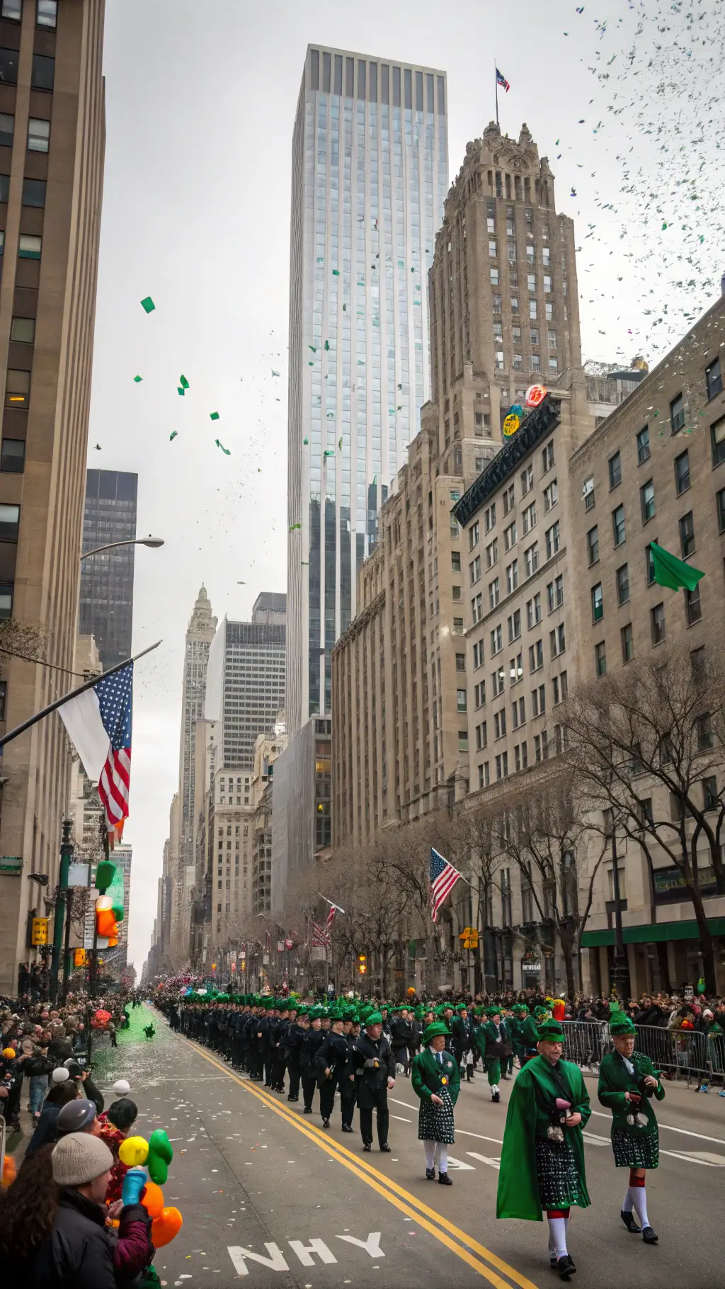Excited crowd in green at the St. Patrick's Day Parade on Fifth Avenue, New York City, with Irish flags, bagpipers, and confetti in the air, and skyscrapers in the background