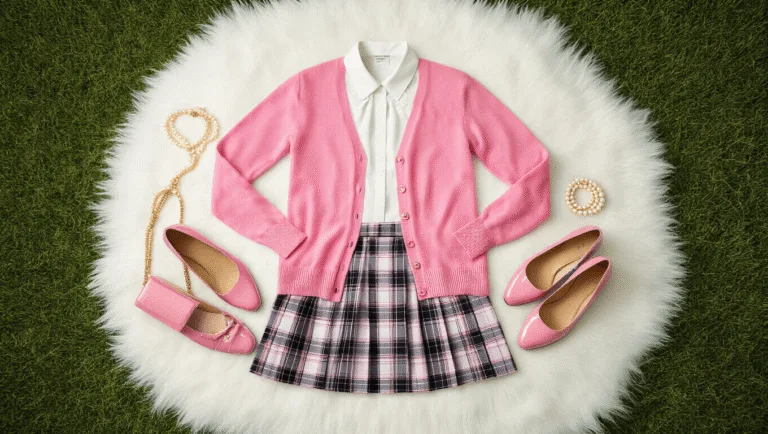 Flat lay of a stylish preppy fashion outfit featuring a pink cashmere cardigan, white collar blouse, plaid skirt, patent leather shoes, and pearl accessories on a clean white background.