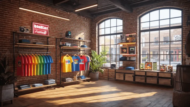 Bright indie fashion boutique with exposed brick walls and wooden floors, featuring colorful Roblox graphic t-shirts on industrial-style racks, natural sunlight illuminating the space, and vintage gaming accessories in a clean, modern aesthetic.