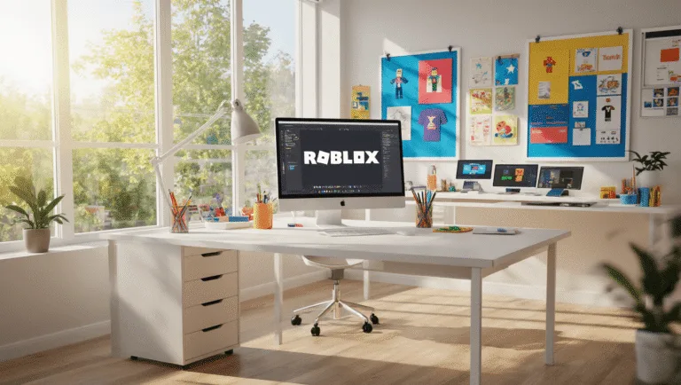 Bright modern design studio with floor-to-ceiling windows, minimalist white desk, large monitor showcasing Roblox t-shirt designs, colorful inspiration boards, organized digital art tools, and warm natural sunlight creating a creative atmosphere.